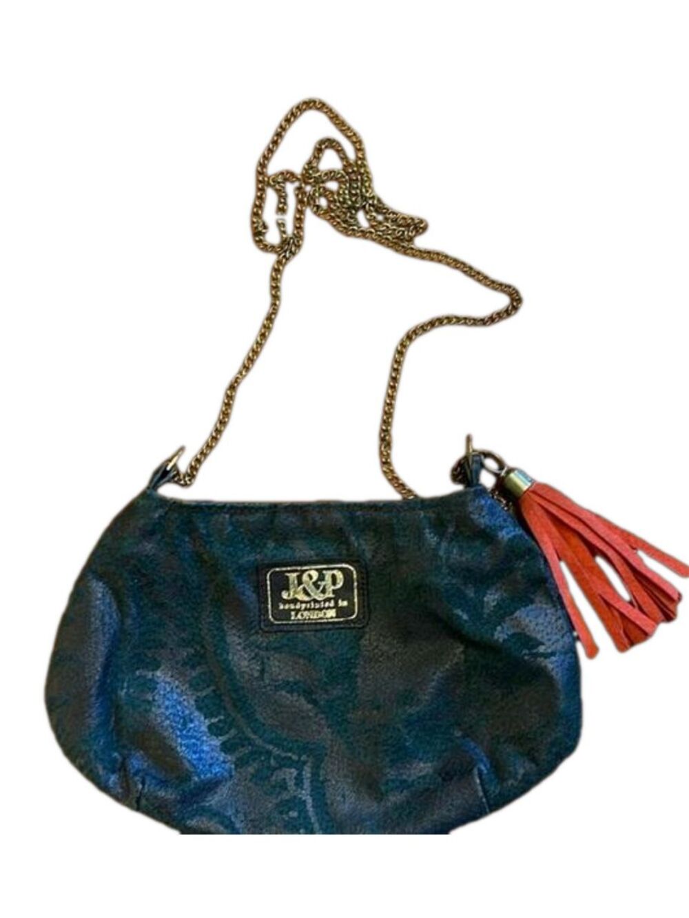 J&P London Dark Green Leather Chain Crossbody Tassel Bag